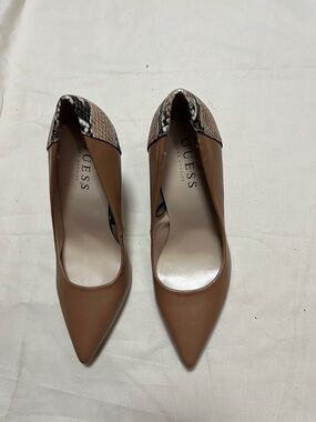 Guess Pointed D'Orsay Heels in Tan with Snake-Print Heel